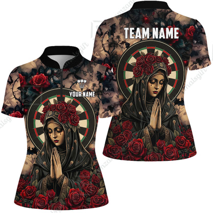 Custom Darts Jersey Polo Shirt, Gothic Madonna And Blue Rose, Custom Dart Jersey Team Shirt For Players With Name & Team Name