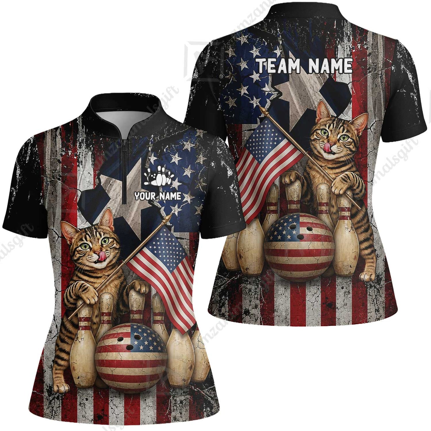 Custom Bowling Jersey Polo Shirt, American Flag and Alley Cats, Custom Bowling Jersey Team Shirt For Players With Name and Team Name