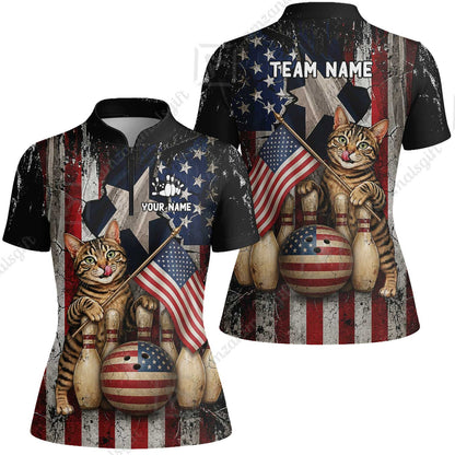 Custom Bowling Jersey Polo Shirt, American Flag and Alley Cats, Custom Bowling Jersey Team Shirt For Players With Name and Team Name