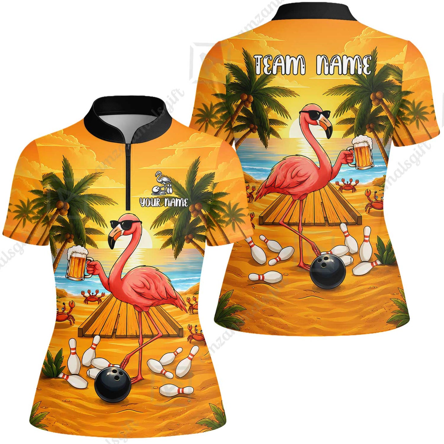 Customized Bowling Shirt, Beer & Flamingo Bowler Summer Vibe, Personalized Polo Shirt For Players With Name & Team Name