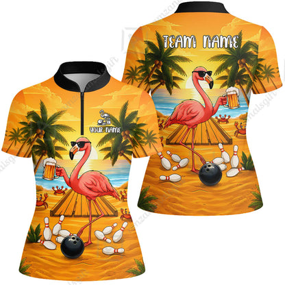Customized Bowling Shirt, Beer & Flamingo Bowler Summer Vibe, Personalized Polo Shirt For Players With Name & Team Name