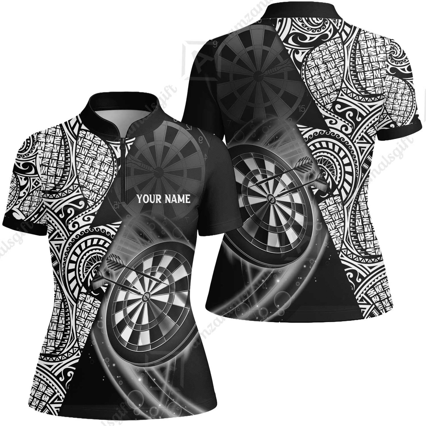 Customized Darts Polo Shirt, Black & White Tattoo Darts, Personalized Name Polo Shirt For Men - Perfect Gift For Darts Lovers, Darts Players