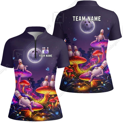 Custom Bowling Jersey Polo Shirt, Psychedelic Magic Mushroom Forest, Custom Bowling Jersey Team Shirt For Players With Name and Team Name