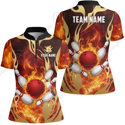 Custom Bowling Jersey Polo Shirt, Abyssal Fire & Golden Flames, Custom Bowling Jersey Team Shirt For Players With Name & Team Name