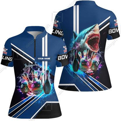 Bowling Custom Men Polo Shirt - Custom Name Shark Team Rainbow Bowling Ball And Pins On Water Personalized Bowling Polo Shirt