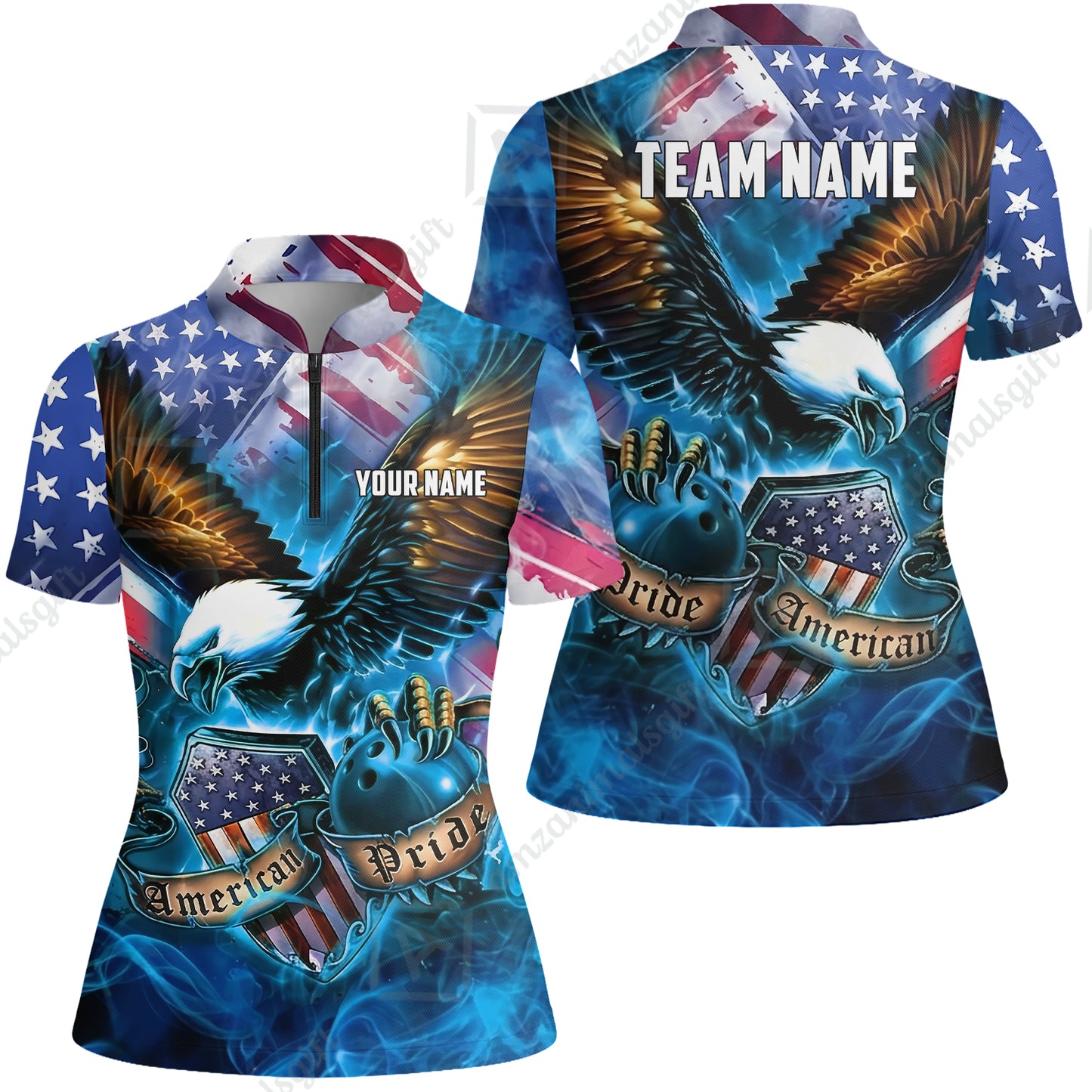 Custom Bowling Jersey Polo Shirt, American Pride Eagle, Personalized Name & Team Name