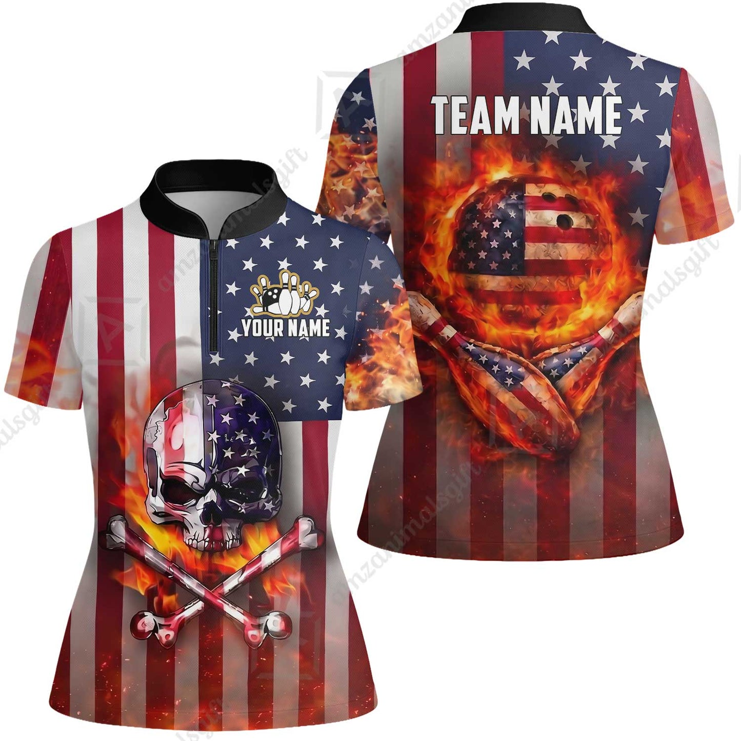 Customized Patriotic Flaming Skull Bowling Jersey, Custom Name And Team Name For Bowlers