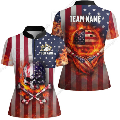 Customized Patriotic Flaming Skull Bowling Jersey, Custom Name And Team Name For Bowlers