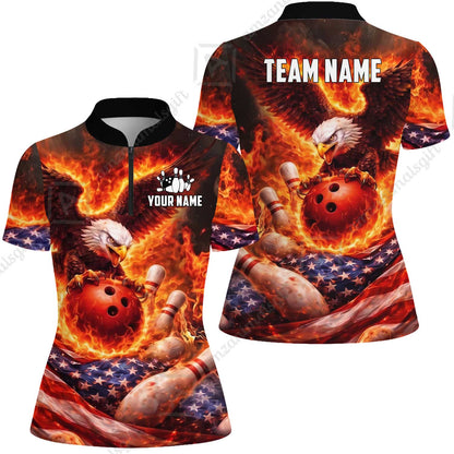 Custom Bowling Jersey Polo Shirt, Patriotic Blue Fire Eagle, Custom Bowling Jersey Team Shirt For Players With Name and Team Name