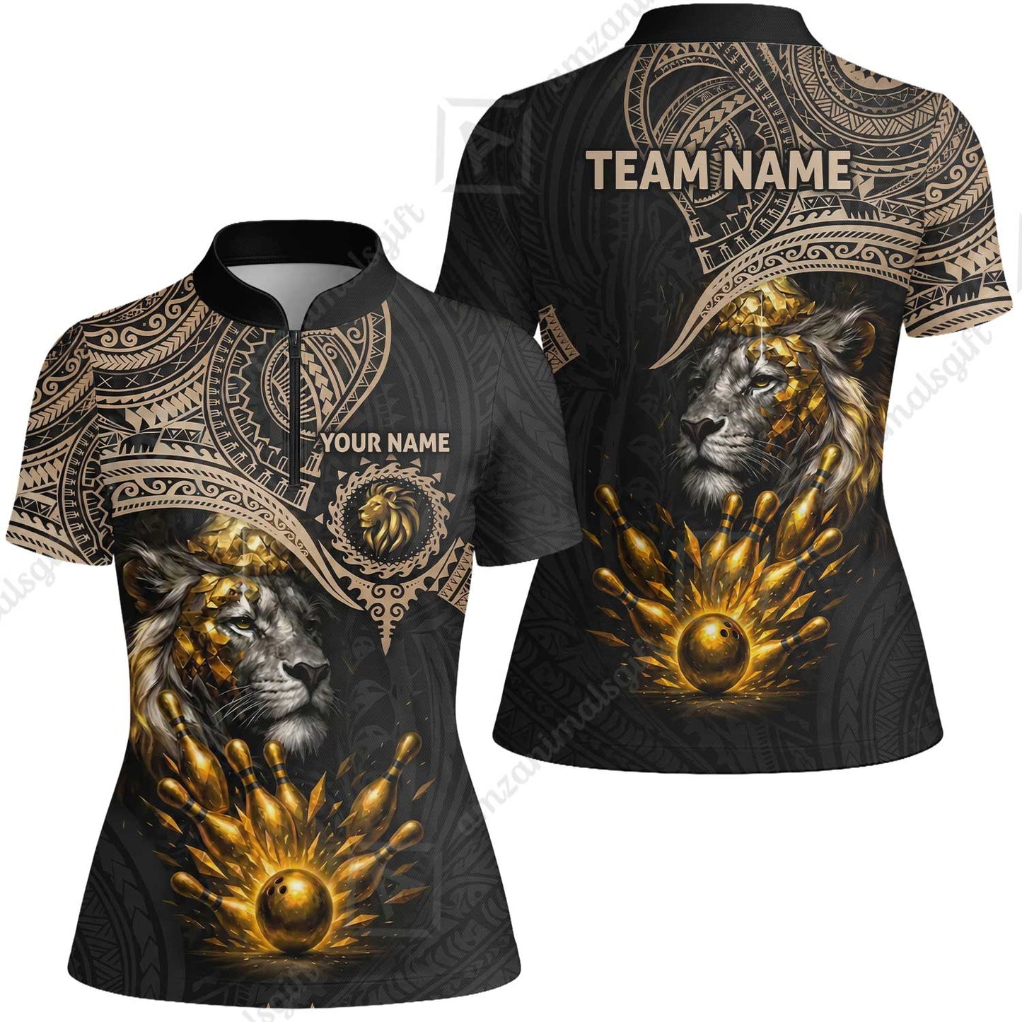 Custom Bowling Jersey Polo Shirt, Regal Golden Tribal Lion, Custom Bowling Jersey Team Shirt For Players With Name and Team Name