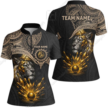 Custom Bowling Jersey Polo Shirt, Regal Golden Tribal Lion, Custom Bowling Jersey Team Shirt For Players With Name and Team Name