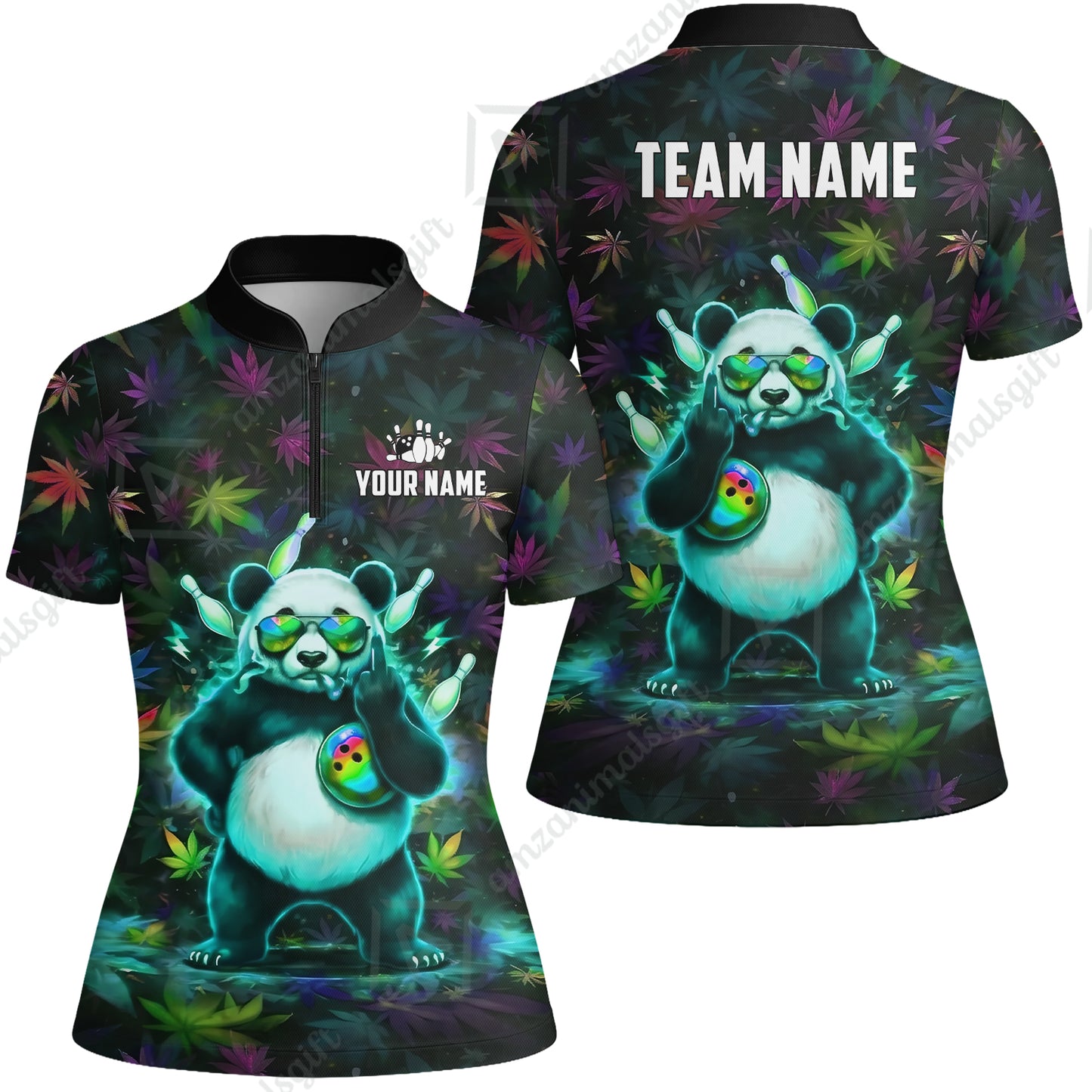 Custom Bowling Jersey Polo Shirt, Badass Stoner Panda & Psychedelic Leaves, Custom Bowling Jersey Team Shirt For Players With Name & Team Name