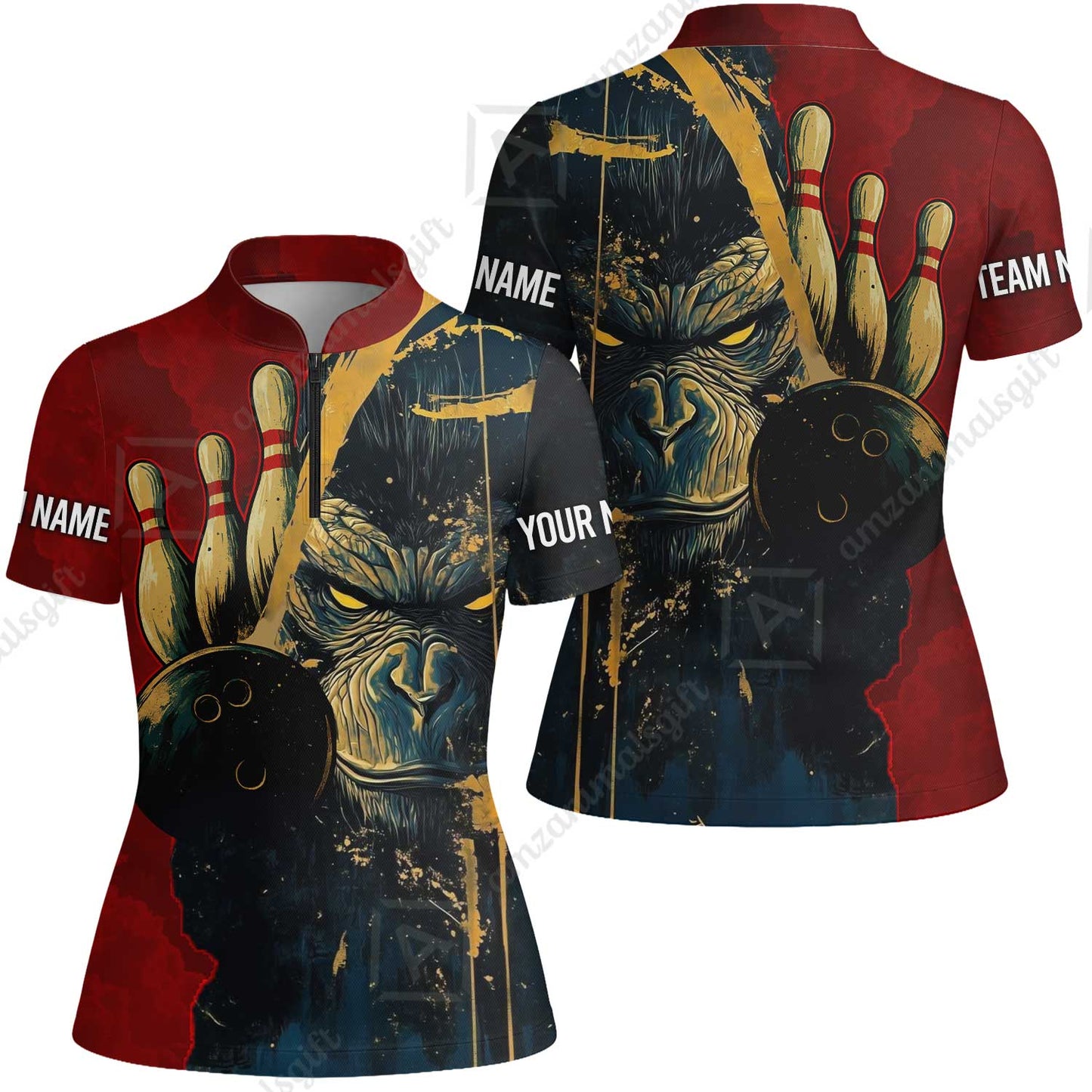 Custom Team Name Bowling Team Jersey - Bowling uniforms Godzilla KingKong Pattern Bowling Quarter-Zip Polo Shirts - Uniform Shirt For Bowlers