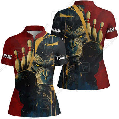 Custom Team Name Bowling Team Jersey - Bowling uniforms Godzilla KingKong Pattern Bowling Quarter-Zip Polo Shirts - Uniform Shirt For Bowlers
