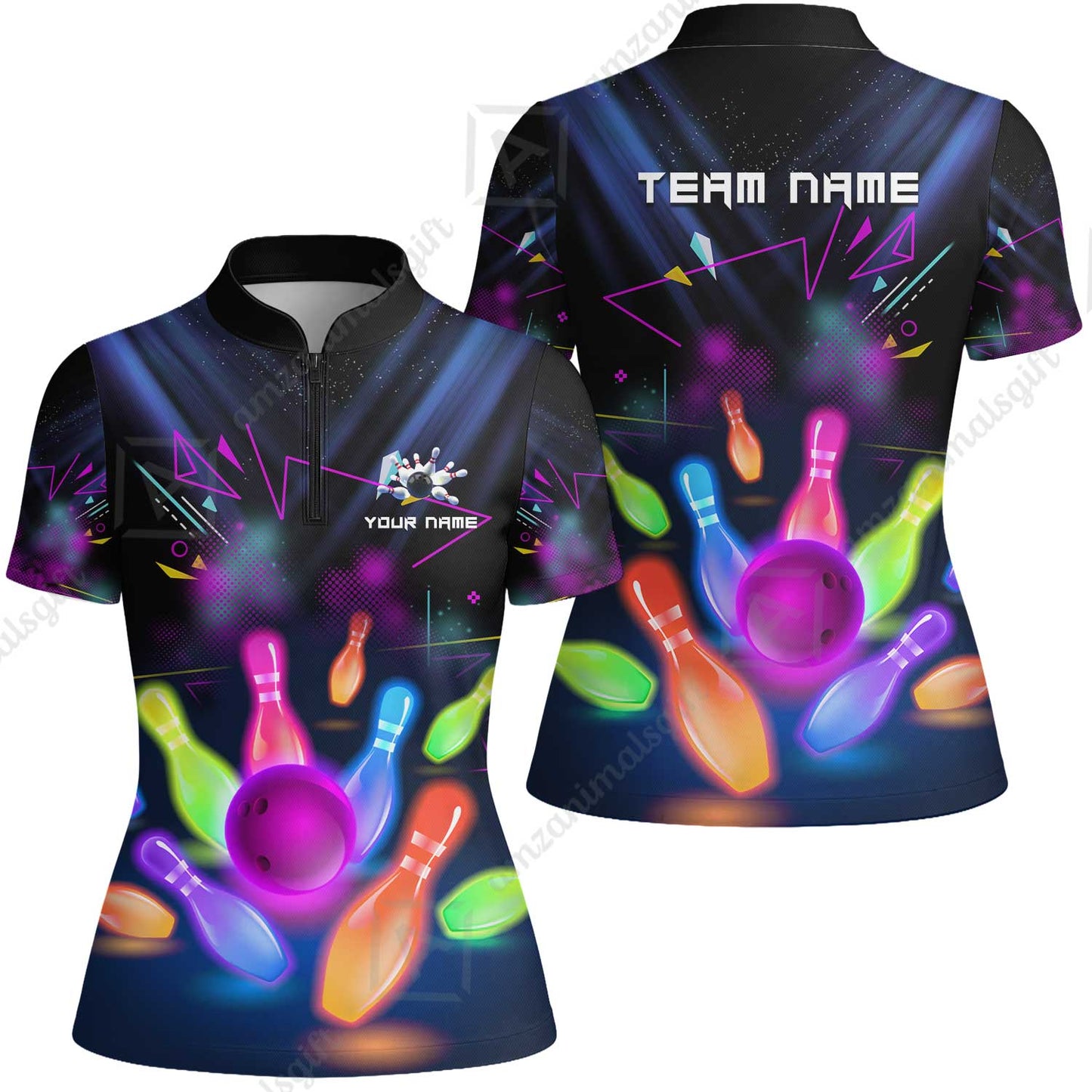 Custom Neon Bowling Team Jerseys Polo Shirts, Glow Strike Bowling uniforms, Bowling Ball Neon Bowling Personalized Name And Team Name