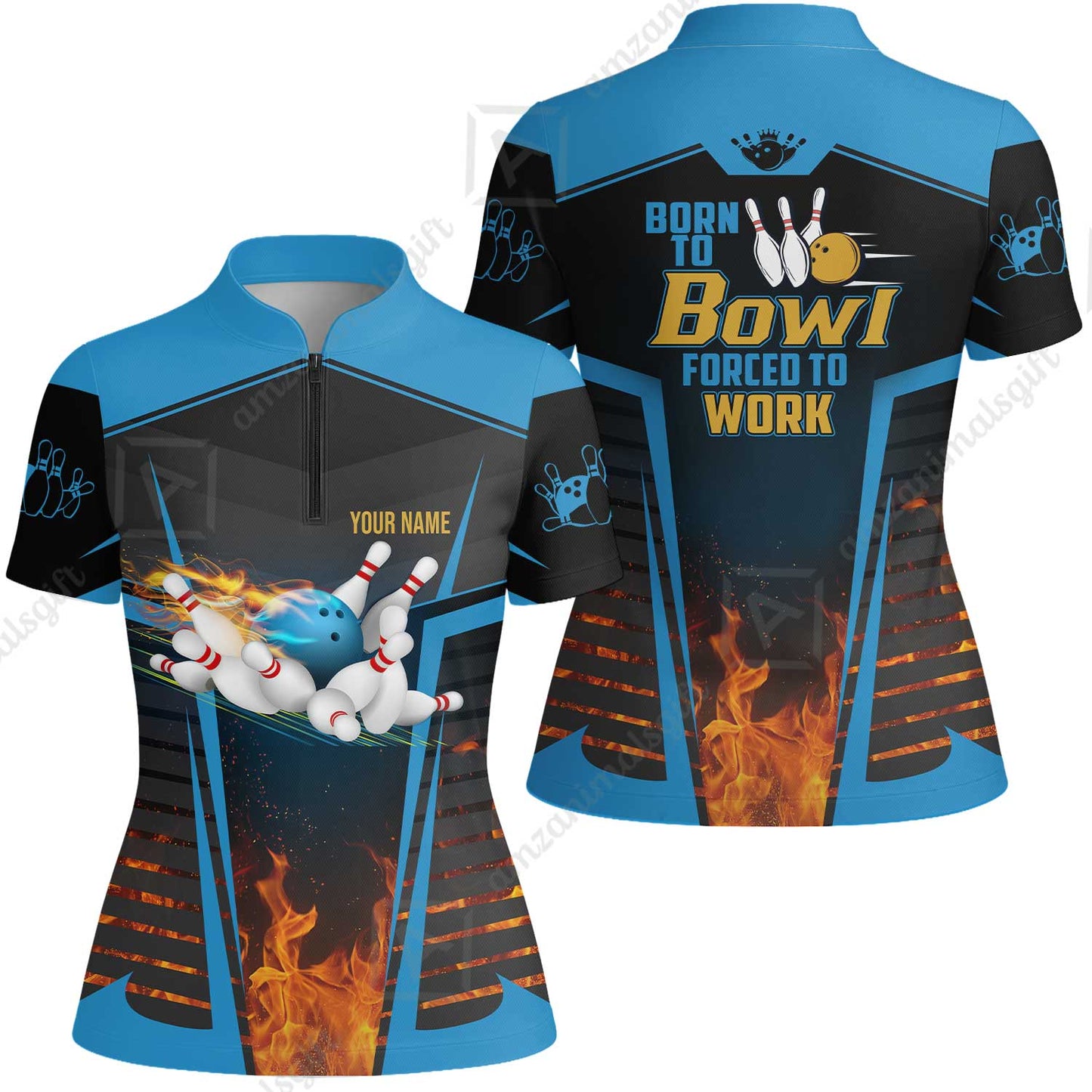 Customized Bowling Jersey, The Blue Bowling Ball Born To Bowl Forced To Work Personalized Name Custom Team Name Logo For Bowling Team