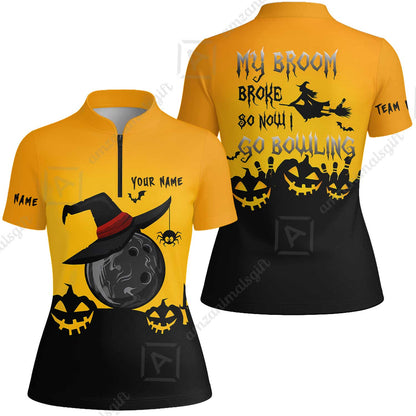 Custom Bowling Jersey Polo Shirt, Halloween My Broom Broke So Now I Go Bowling, Personalized Name And Team Name