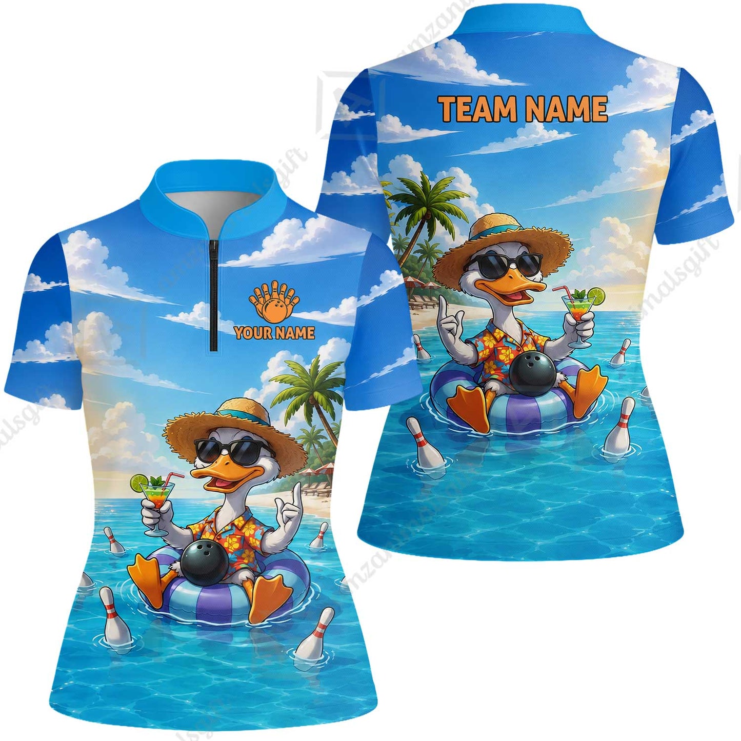 Custom Bowling Jersey Polo Shirt, Tropical Beach Duck Vacation Bowling, Custom Bowling Jersey Team Shirt For Players With Name and Team Name