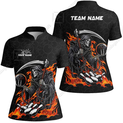 Custom Bowling Jersey Polo Shirt, Grim Reaper Holding Ball, Personalize Name and Team Name