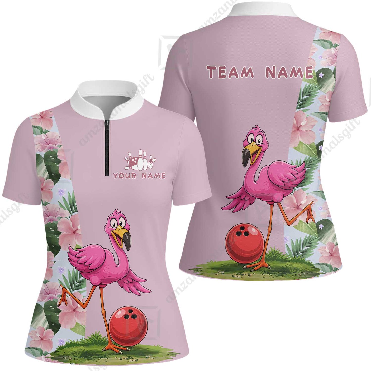 Custom Bowling Jersey Polo Shirt, Tropical Pink Flamingo Floral, Custom Bowling Jersey Team Shirt For Players With Name and Team Name