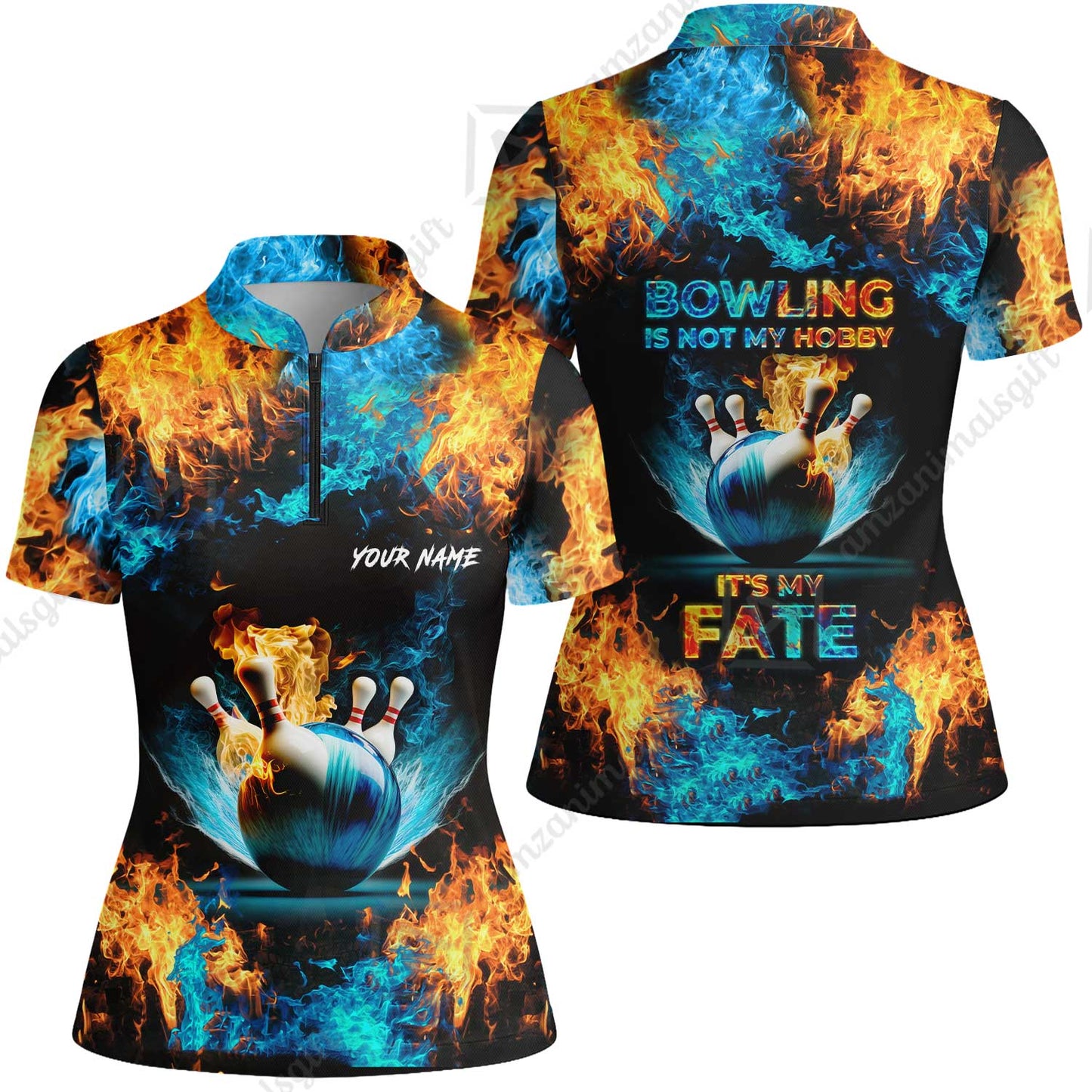 Bowling Custom Zip Polo Shirt - Custom Name Blue Bowling Ball And Pins On Fire Personalized Bowling Zip Polo Shirt