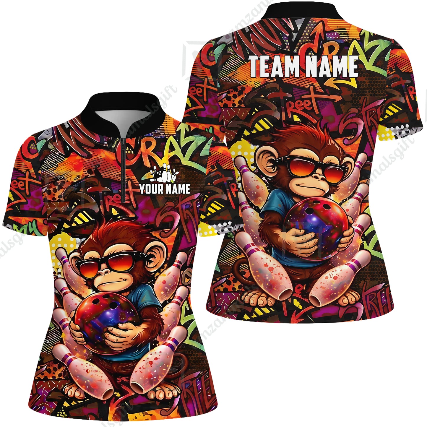 Custom Bowling Jersey Polo Shirt, Street Graffiti Funny Monkey Mascot, Custom Bowling Jersey Team Shirt For Players With Name & Team Name