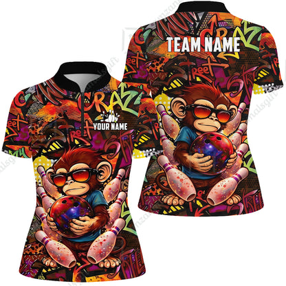 Custom Bowling Jersey Polo Shirt, Street Graffiti Funny Monkey Mascot, Custom Bowling Jersey Team Shirt For Players With Name & Team Name