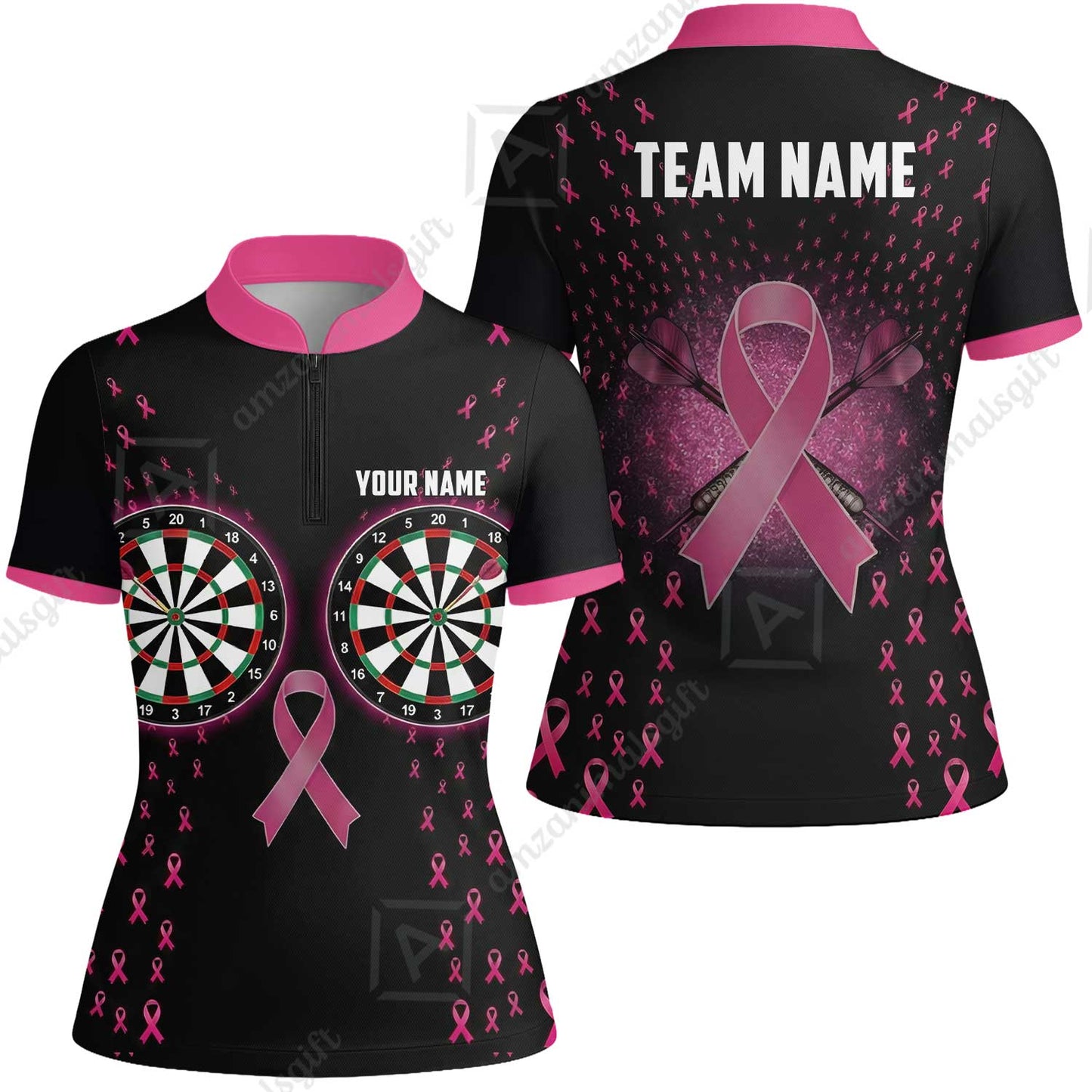 Custom Darts Team Jersey, Personalized Pink Ribbon Darts Polo Shirt For Players With Name & Team Name