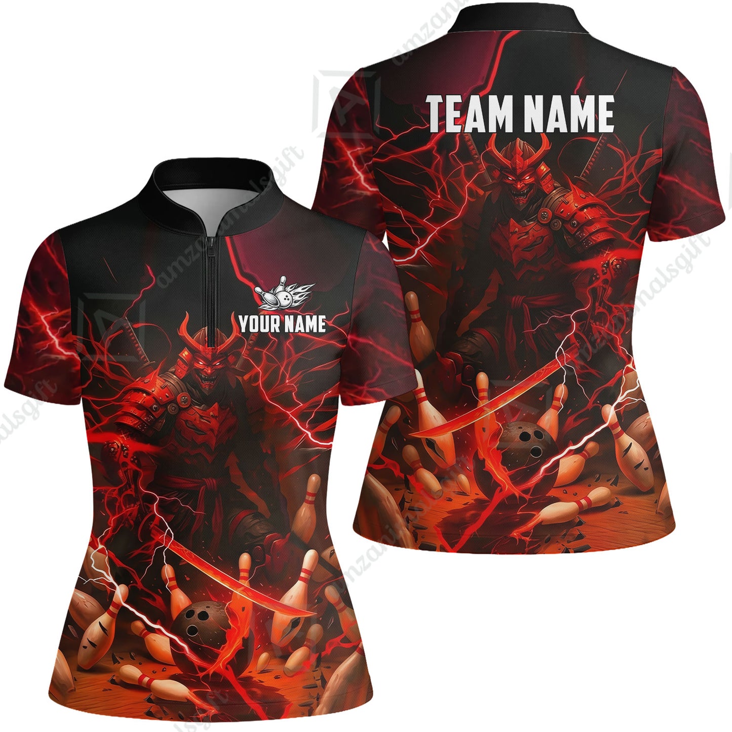 Custom Bowling Jersey Polo Shirt, Fiery Samurai Strike, Custom Bowling Jersey Team Shirt For Players With Name & Team Name