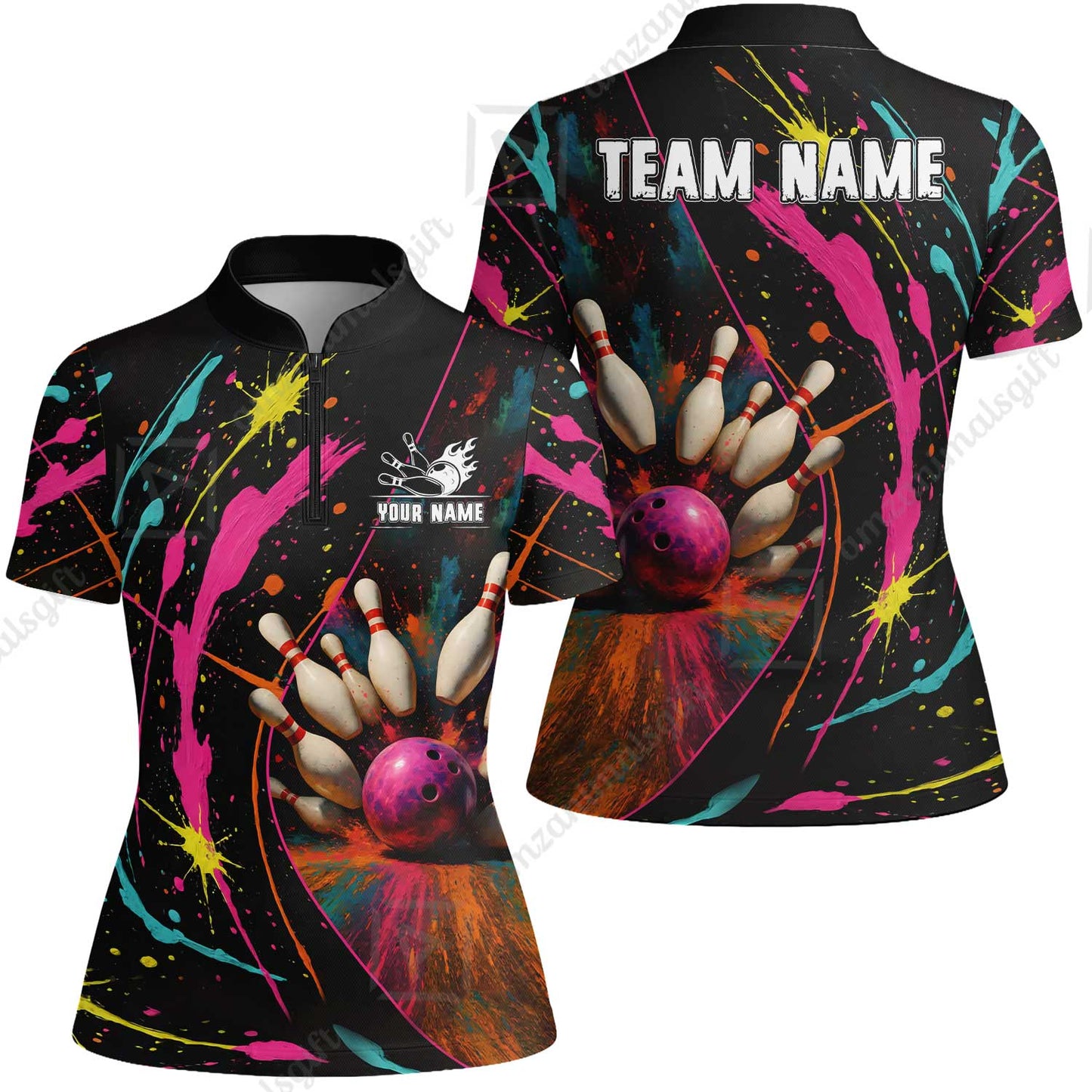 Custom Colorful Splash Bowling Team Jerseys Polo Shirts, Bowling uniforms, Multicolor Splash Bowling Personalized Name And Team Name
