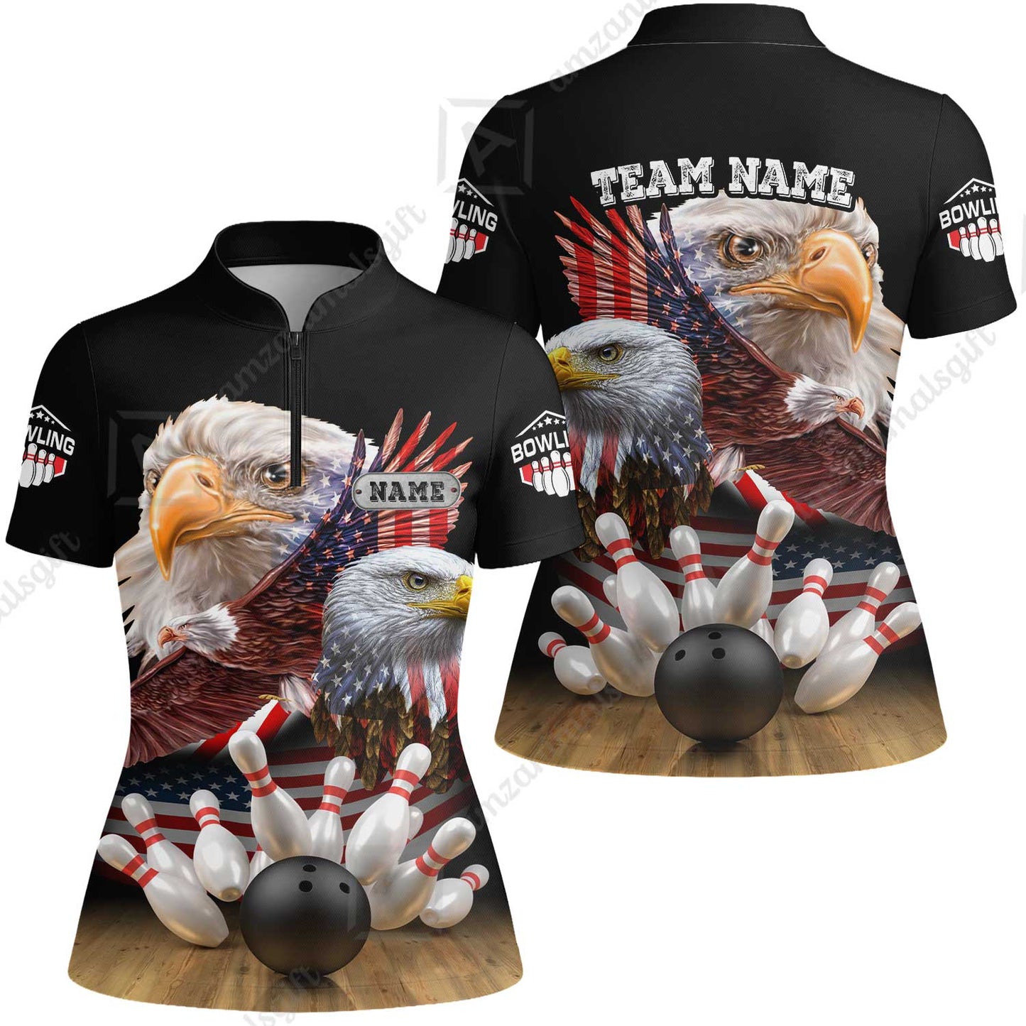 Customized Bowling Polo, Bowling And Pins American Eagles Pride Customized Name And Team Name And Team Zipper Polo Jerseys Shirts