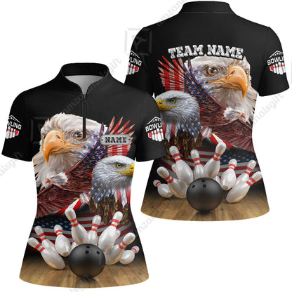 Customized Bowling Polo, Bowling And Pins American Eagles Pride Customized Name And Team Name And Team Zipper Polo Jerseys Shirts