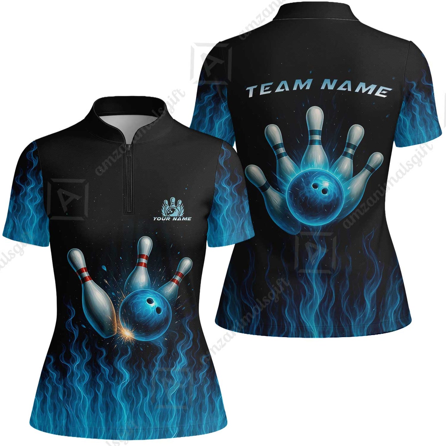 Customized Bowling Women Jersey Shirt, Intense Blue Flame Strike Women Jersey Shirt For Bowling Team, Bowlers