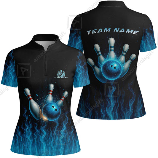 Customized Bowling Women Jersey Shirt, Intense Blue Flame Strike Women Jersey Shirt For Bowling Team, Bowlers