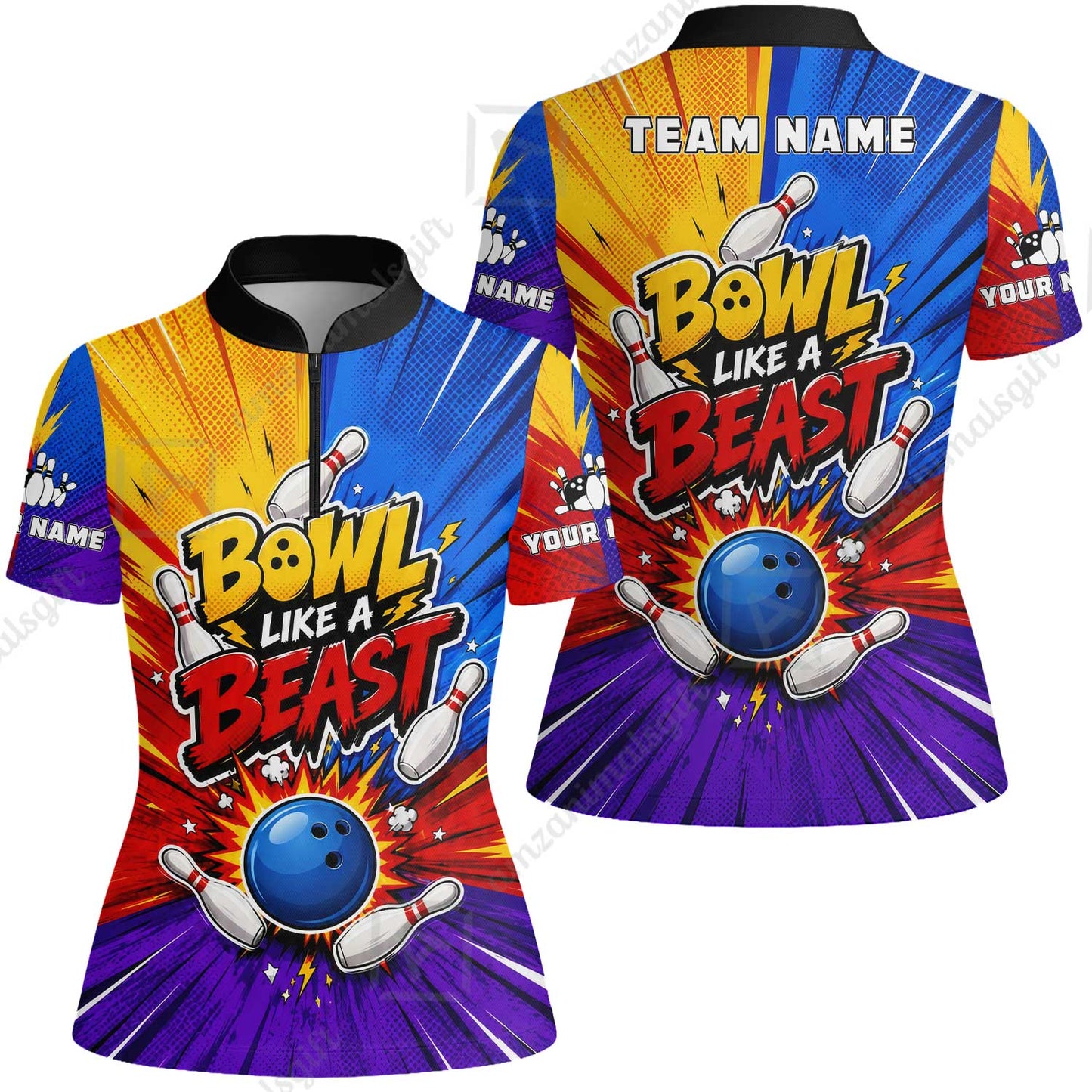 Custom Bowling Jersey Polo Shirt, Comic Pop Art Beast Mode Blast, Custom Bowling Jersey Team Shirt For Players With Name and Team Name