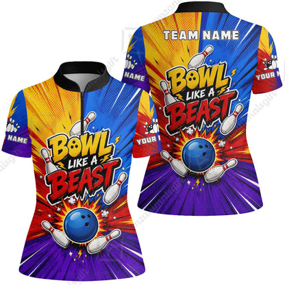 Custom Bowling Jersey Polo Shirt, Comic Pop Art Beast Mode Blast, Custom Bowling Jersey Team Shirt For Players With Name and Team Name
