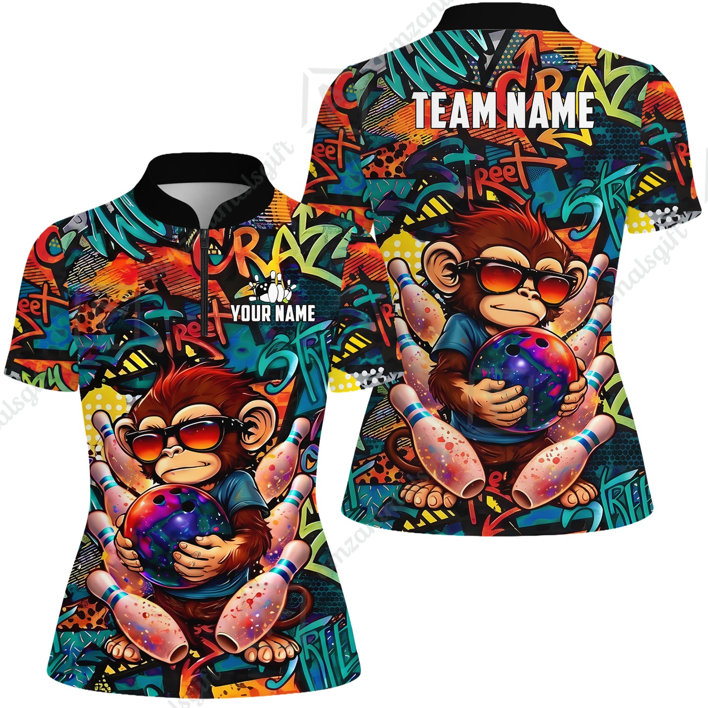 Custom Bowling Jersey Polo Shirt, Street Graffiti Funny Monkey Mascot, Custom Bowling Jersey Team Shirt For Players With Name & Team Name