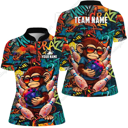 Custom Bowling Jersey Polo Shirt, Street Graffiti Funny Monkey Mascot, Custom Bowling Jersey Team Shirt For Players With Name & Team Name