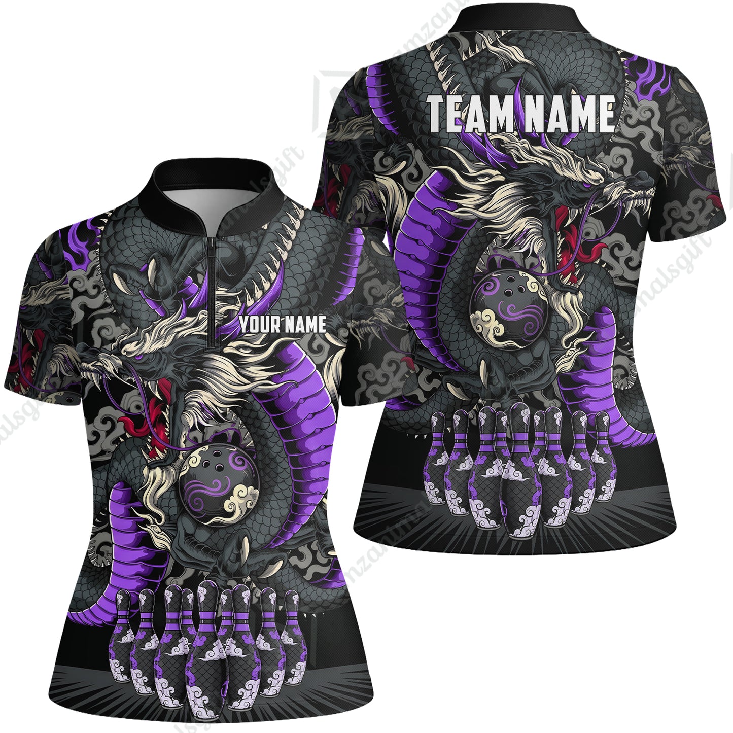 Custom Bowling Jersey Polo Shirt, Oriental Jade Dragon & Classic Clouds, Custom Bowling Jersey Team Shirt For Players With Name & Team Name