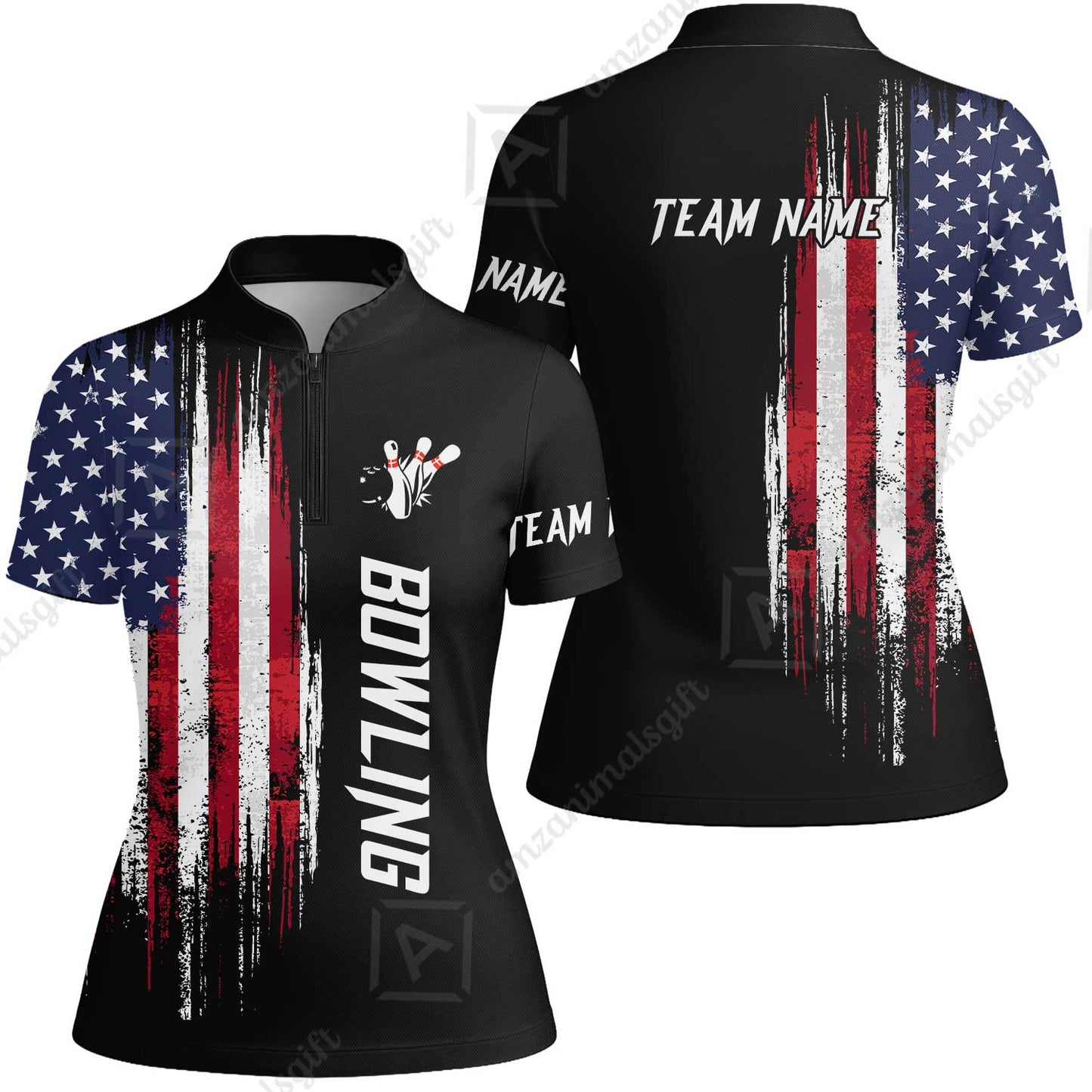 Personalized Polo American Flag Bowling Black Shirt, Bowling Jersey Shirt For Tournament Team Men Women Bowlers