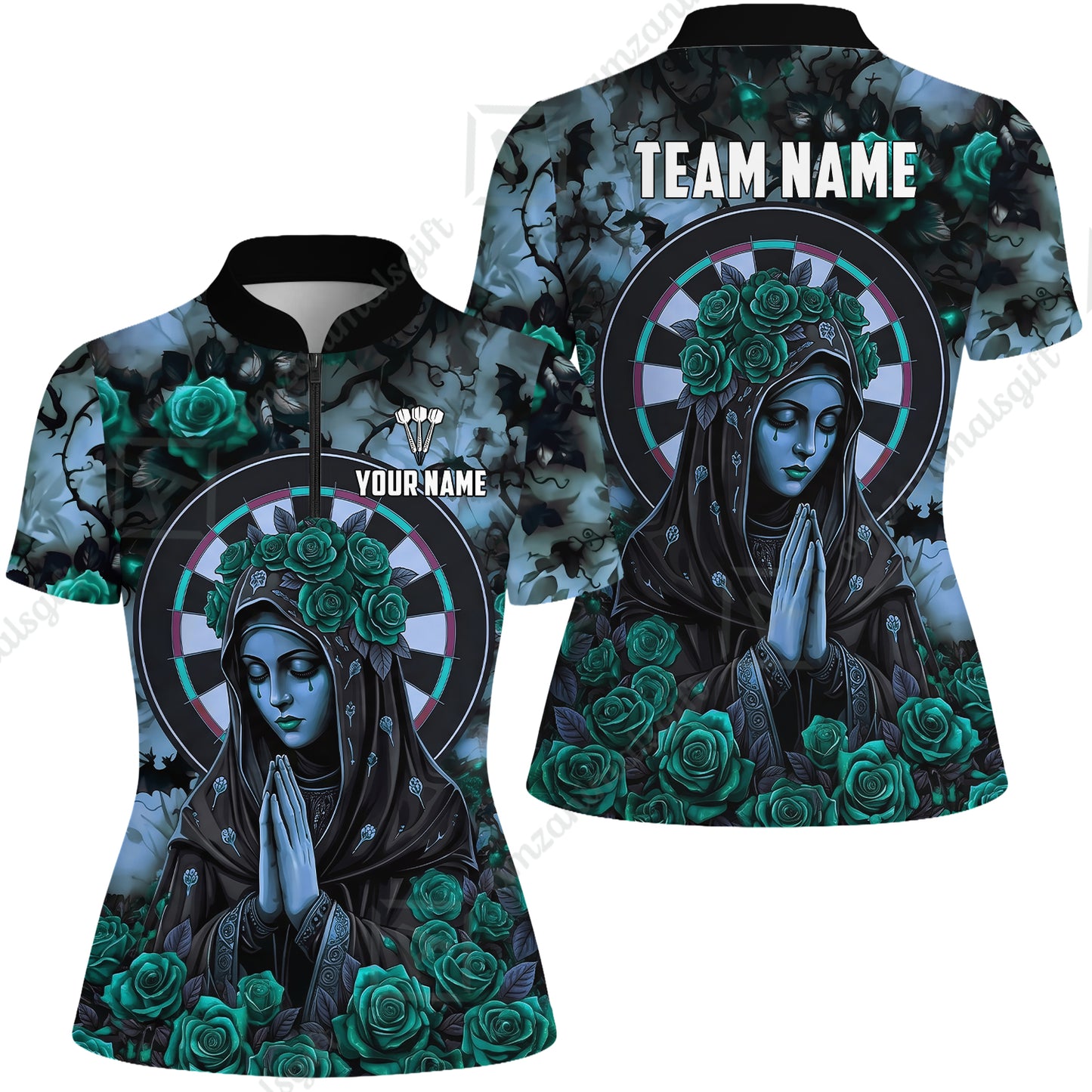 Custom Darts Jersey Polo Shirt, Gothic Madonna And Blue Rose, Custom Dart Jersey Team Shirt For Players With Name & Team Name