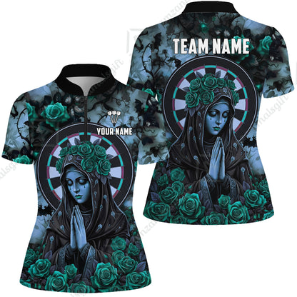 Custom Darts Jersey Polo Shirt, Gothic Madonna And Blue Rose, Custom Dart Jersey Team Shirt For Players With Name & Team Name