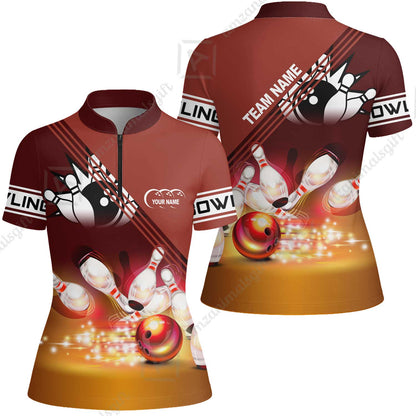 Customized Bowling Jersey Shirt, Red Bowling Ball Crashing into the Pins Personalized Name Team Name Logo Polo Shirts for Tom Taylor
