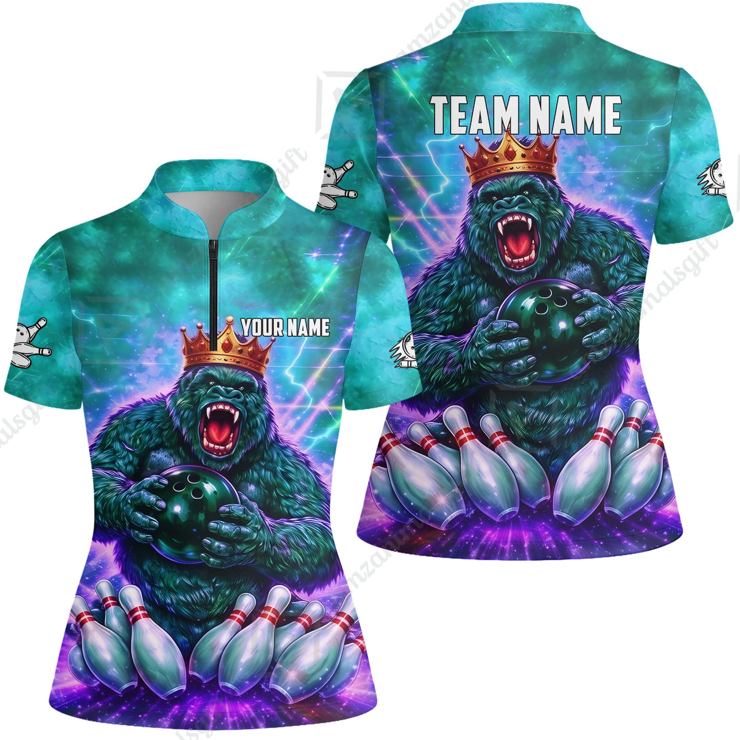 Custom Bowling Jersey Polo Shirt, King Gorilla Holding Bowling Ball, Custom Bowling Jersey Team Shirt For Players With Name & Team Name