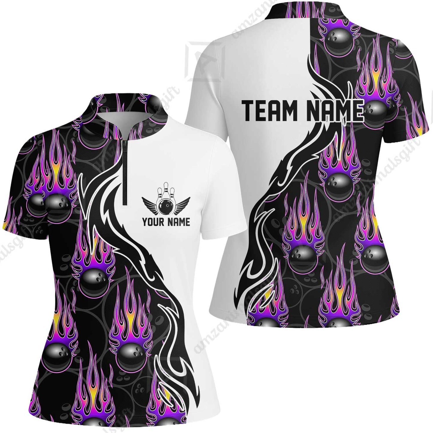 Customized Bowling Quarter-Zip Stand Collar Jersey Shirt, Bowling Ball With Fire Pattern Shirt For Team Men Women Bowler