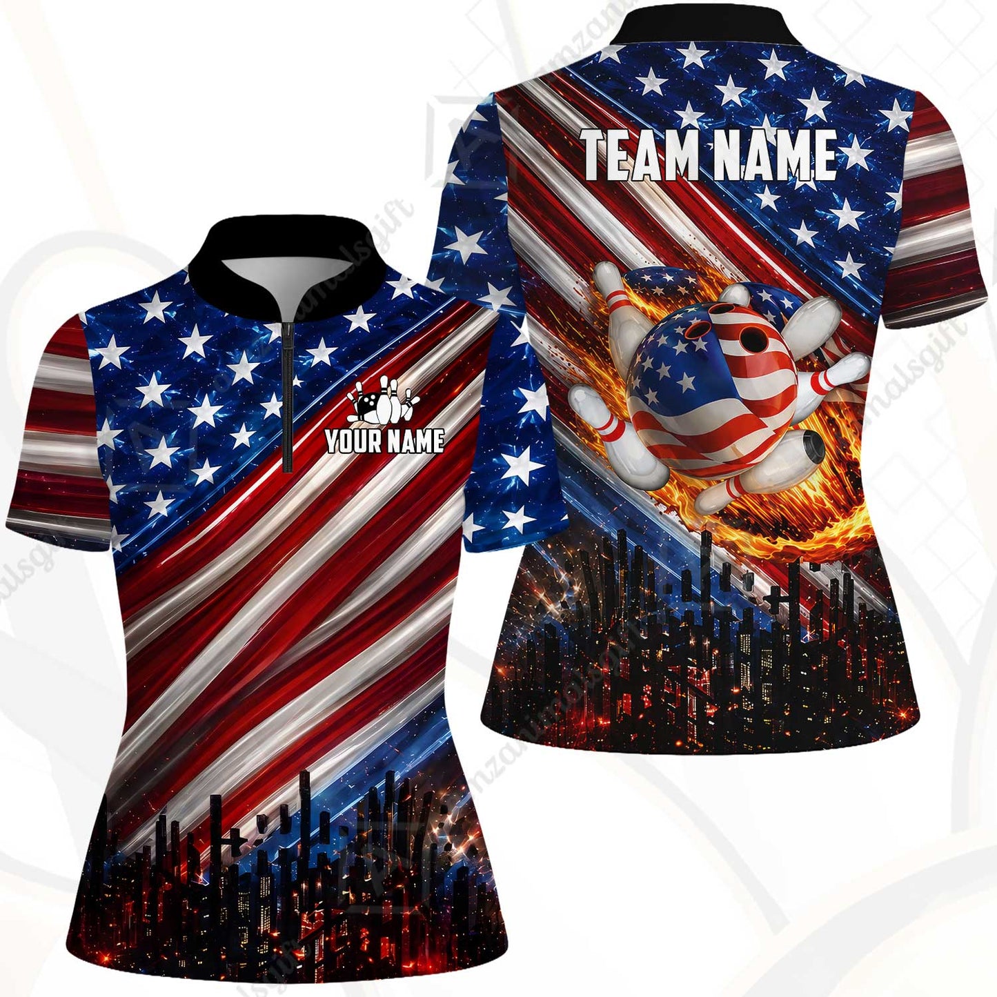 Customized American Flag Flaming Ball Bowling Jersey, Custom Name And Team Name For Bowlers