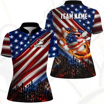 Customized American Flag Flaming Ball Bowling Jersey, Custom Name And Team Name For Bowlers