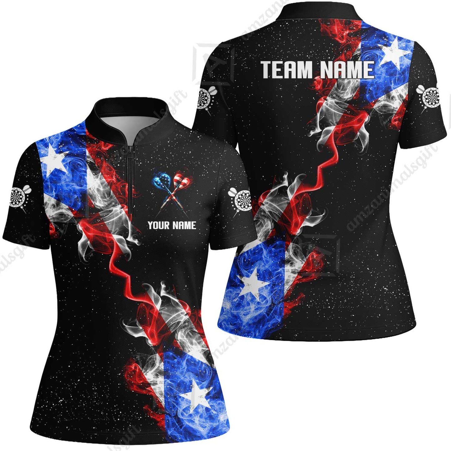 Customized American Flag Darts Stand Collar Quater-Zip, Darts Smoke USA Flag Team Style Jersey Polo Shirt, Outfit for Darts Players