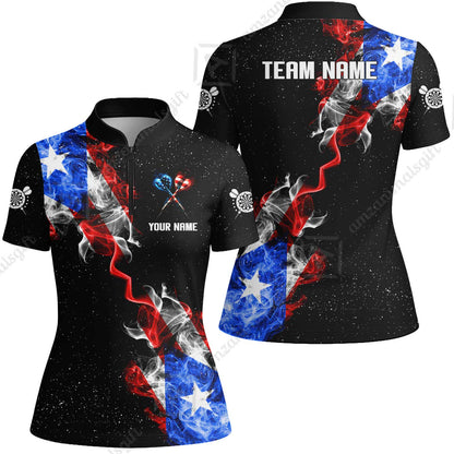 Customized American Flag Darts Stand Collar Quater-Zip, Darts Smoke USA Flag Team Style Jersey Polo Shirt, Outfit for Darts Players