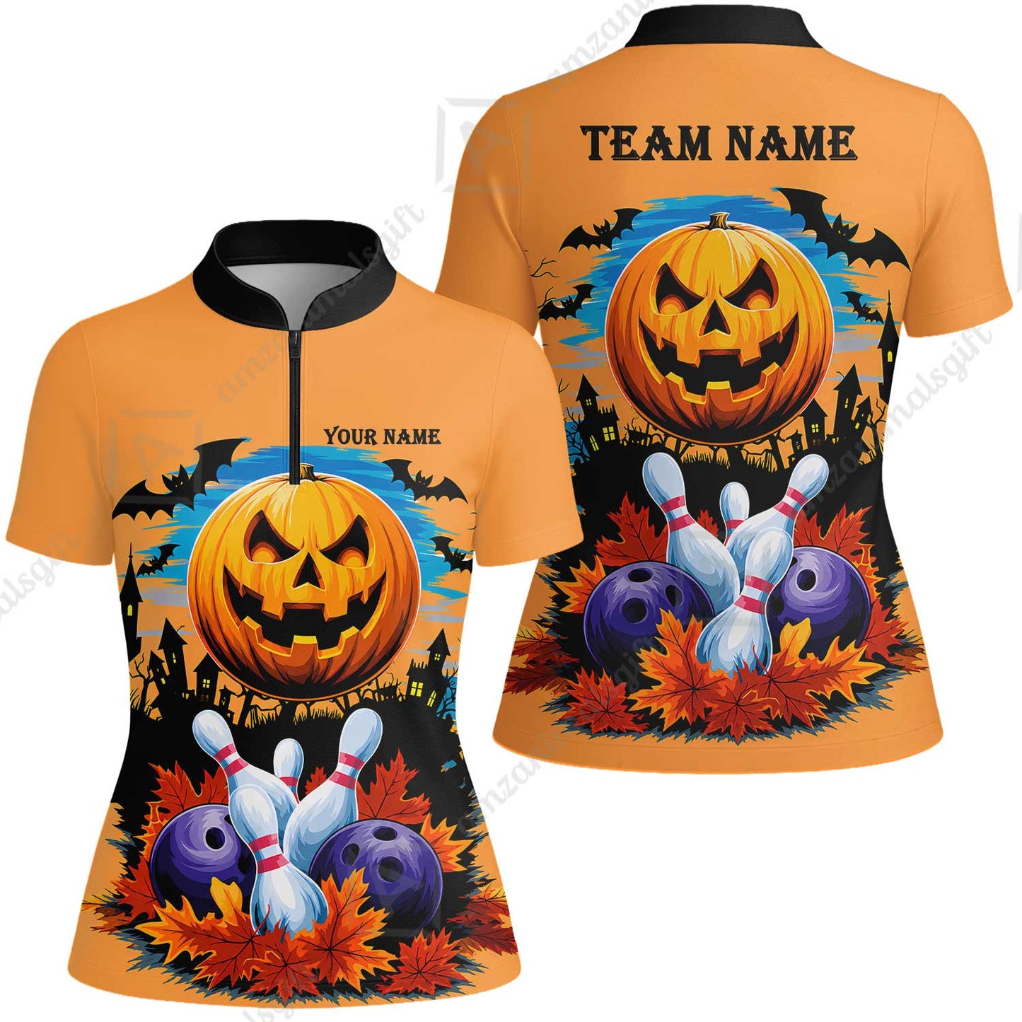 Custom Bowling Jersey Polo Shirt, Halloween Pumpkin Bowling, Personalize Name and Team Name